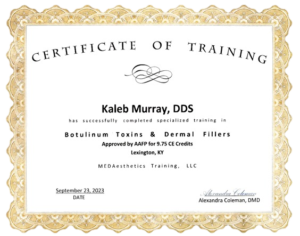 Certificate of Training for Dr. Kaleb Murray, DDS, in Botulinum Toxins and Dermal Fillers from MEDAesthetics Training, LLC, approved by AAFP for 9.75 CE credits, completed September 23, 2023, in Lexington, Kentucky.